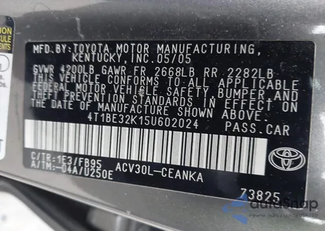 2005 Toyota Camry Std z USA, uszkodzony, nr VIN 4T1BE32K15U602024